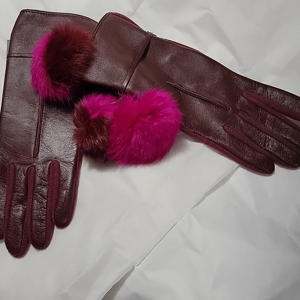 Nwt Echo Leather Cashmere Wool Colorblock Fur Pom Pom Gloves Maroon Pink
